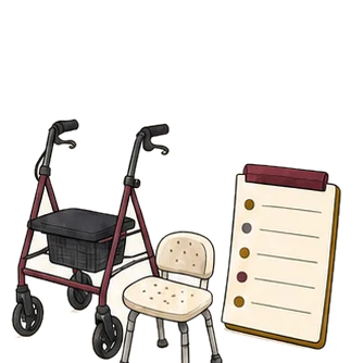 Illustration of mobility equipment beside a practical checklist